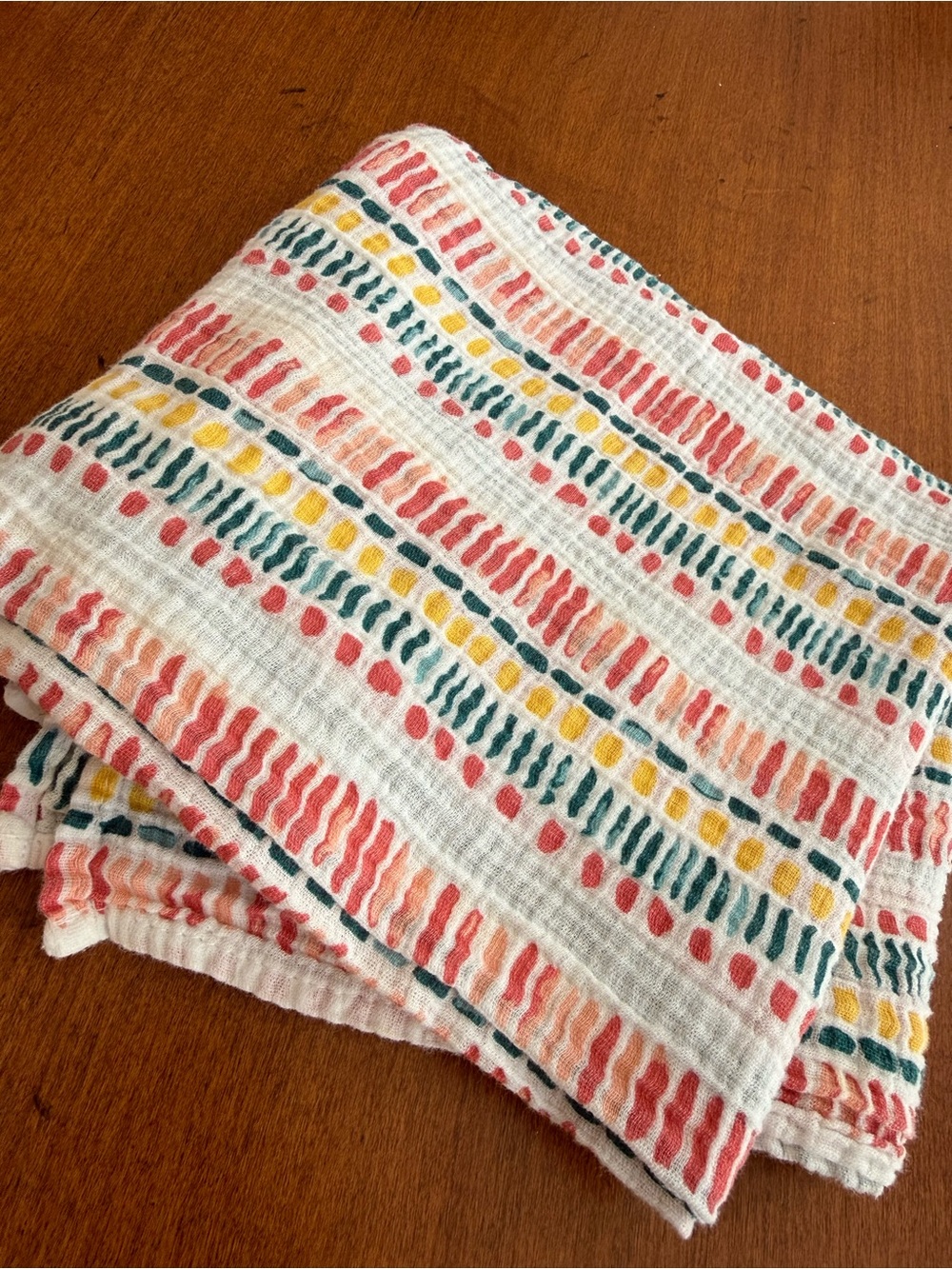 Bebe Au Lait Cotton Muslin Swaddle Blanket Coral/Teal/Yellow Geometric print